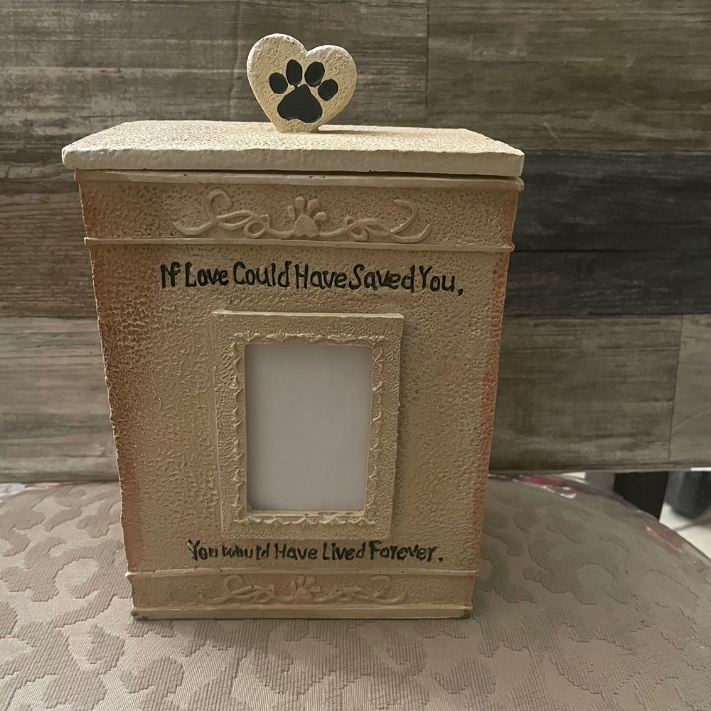 Pet Memorial Urn Keepsake Box w/ Picture Frame Paw Print Heart Handle Tan Resin